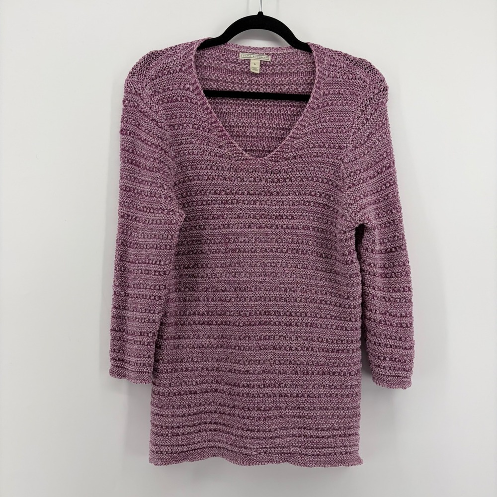 Dana Buchman Size L Sweater Purple V-Neck 3/4 Sleeve Cotton Blend Textured Knit